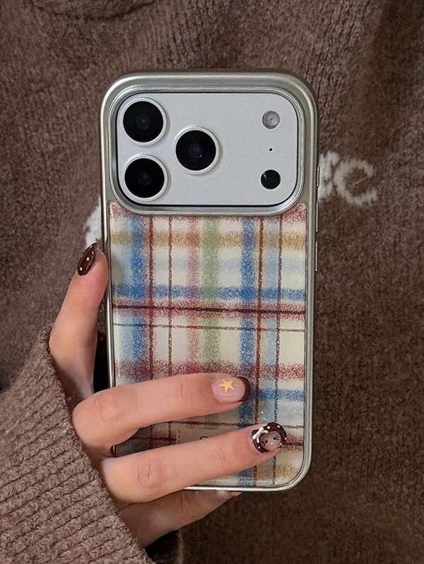 1 szt. Uroczy, zimowy, dopaminowy blok kolorów, kratka, galwanizowana ramka, etui na telefon, kompatybilne z 'em 17 Pro Max, 17 Pro Air 16 15 14 13 12 Pro Max, kredka, miękka tylna obudowa z TPU