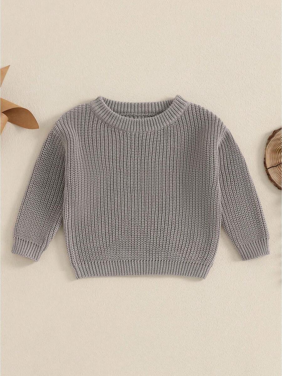 3Moths-5Years Baby Toddler Knit Sweater Solid Color Crew Neck Long Sleeve Pullover Tops Casual Winter Fall Clothes - Gris - Ver 1
