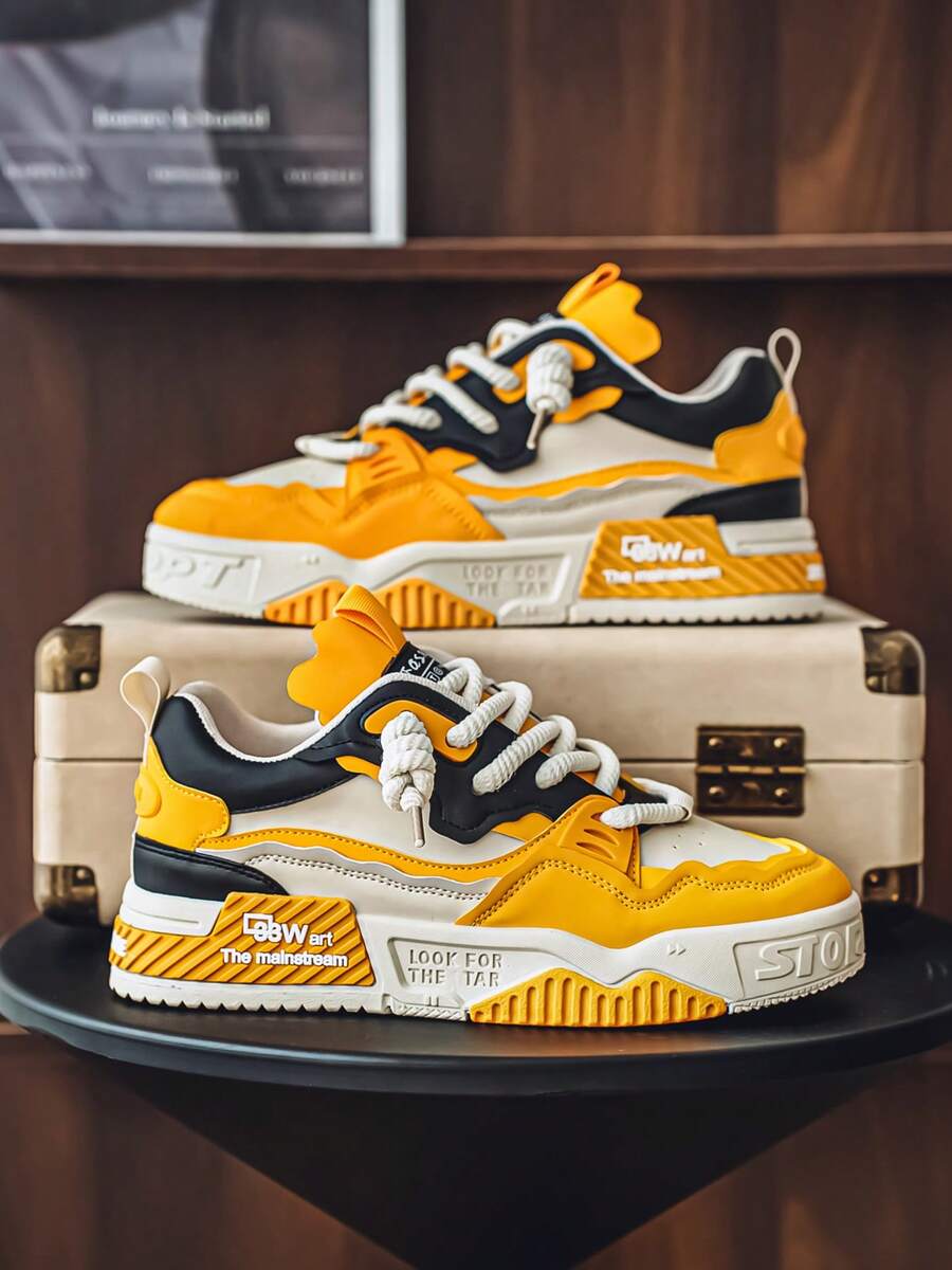 Lightweight Breathable Mesh Fashionable Versatile Thick Sole Height Increasing Men's Casual Sports Shoes, Suitable For All Seasons - 黃色 - 查看 1