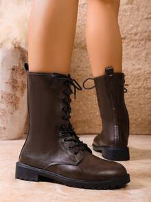 Western Style Punk Lace-Up Low Chunky Heel Short Boots For Women, Round Toe Side Zipper Thick Sole Motorcycle Boots, Plus Size, Autumn/Winter - Brown - View 5