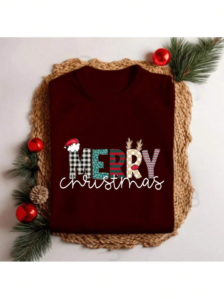 Camiseta Feminina Natal Merry Christmas Letreiro Festa Personalizada - bordô - Visão 1