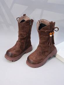 Girls' Boots, New Autumn/Winter Fringed Thermal-Lined Children's Short Boots, Kids' Western Cowboy Warm Boots, Thick Sole Student Toddler Mid-Calf Boots, Retro Thick Platform Tall Boots - Coffee Brown - View 3