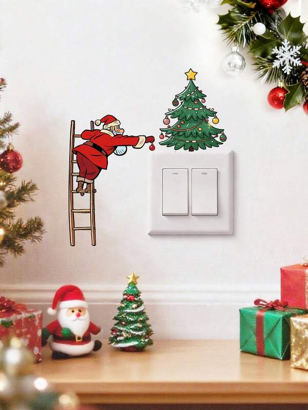 1pc/3pcs Funny Santa Claus Climbing Ladder Christmas Tree Switch Stickers, Bathroom, Bedroom, Room Wall Decals, Self-Adhesive PVC Bedroom Wall Stickers, Home Decor, Holiday Atmosphere Enhancer, Cartoon Pattern, Christmas Decoration Christmas Decorations Room Decor Wall Decor Christmas Decorations Home