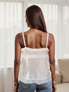 Women's Summer Sequin Front Tie Ruffled Trim Tank Tops  Soft Cami For Party  Date - 白色 - 查看 5