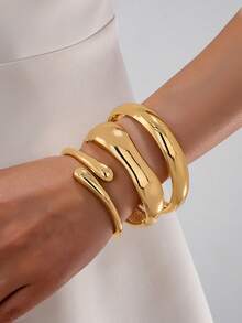 3件套简约光滑几何波浪不对称水滴形手链套装，适合女性佩戴，精致质感抛光重金属和锌合金材质 - 金黃色 - 查看 1
