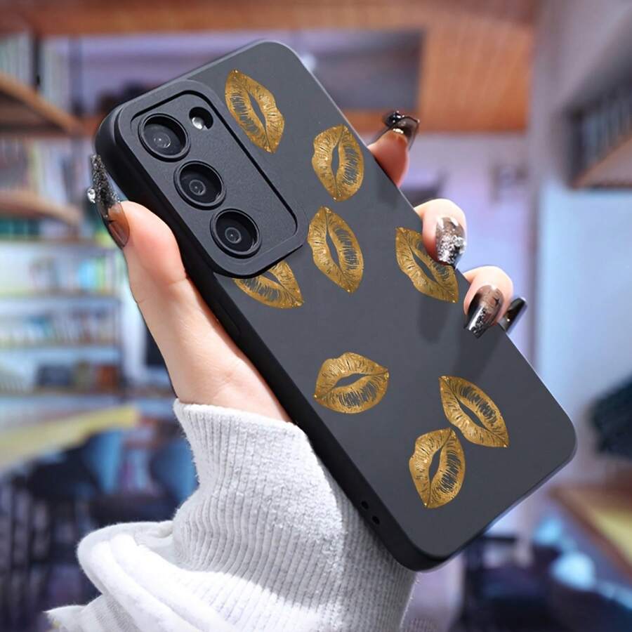 Funda de teléfono con estampado de labios dorados adecuada para Galaxy S25 Ultra/S24 PLUS/S23+/S22/S21, a prueba de golpes, antideslizante, ligera, nuevo diseño de moda, funda protectora de TPU de alta calidad, funda protectora para teléfono, funda para teléfono Galaxy, diseño de labios dorados, diseño ligero, capa protectora duradera, para usuarios de Galaxy, entusiastas de la moda - Colores mixtos - Ver 1