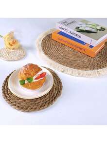 1pc Straw Plaited Article Round Placemat, Natural Tassel Table Pad, Western Food Table Mat, Coffee Table Pad, Heat Insulation Mat, Hotel Waterproof Non-Slip Table Decoration Pad, Home Decoration - Multicolor - View 5