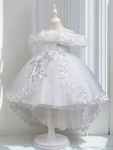 Girls' High-Low Princess Dress With Embroidered Tulle Skirt – Elegant Party Gown For Christmas, Halloween & Birthday Celebrations - 白色 - 查看 1