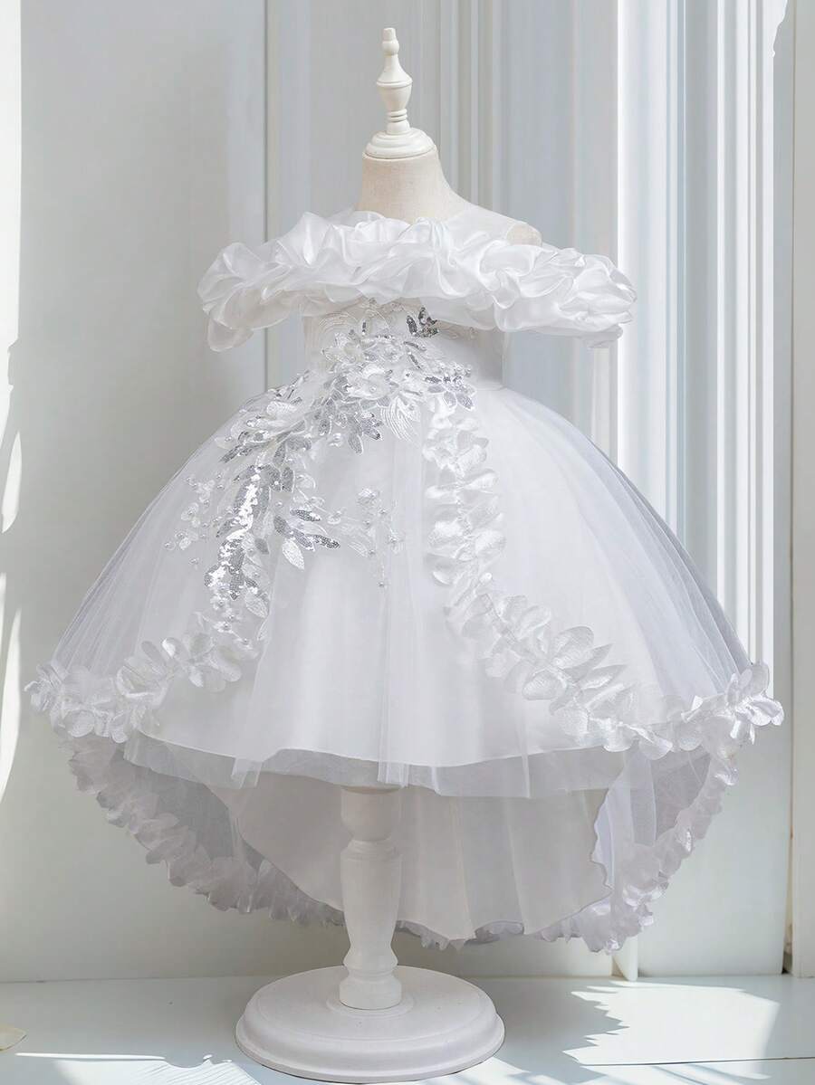 Girls' High-Low Princess Dress With Embroidered Tulle Skirt – Elegant Party Gown For Christmas, Halloween & Birthday Celebrations - 白色 - 查看 1