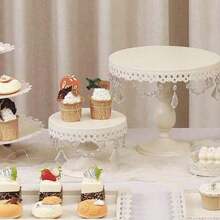 3Pcs Antique Cake Stand Set - Round Metal Cupcake Stands With Pendants And Beads - Elegant Dessert Display, For For Wedding, Birthday Party Decor, Gold/Champagne/Cream White,Holiday Decor,Christmas Gifts - CreamWhite - View 7