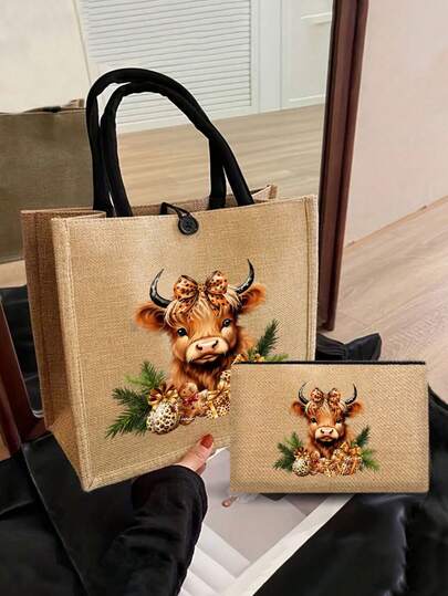 Cartoon Kalb Muster Handtasche, Umhängetasche, neue modische Shopper Tasche, Boho-Stil Leinen Tasche für Frauen, Kosmetiktasche, koreanischer Stil Leinen Umhängetasche, Einkaufstasche, große Kapazität Picknick-/Reisetasche, Pendlertasche. Ideal als Geschenk zum Geburtstag, Feiertagen oder Familienfeiern für Freunde, Kollegen oder Familie, auch eine gute Wahl für Weihnachten und Thanksgiving.