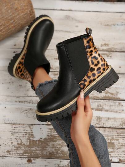 Women's Black Chunky Heel Fashionable & Comfortable Ankle Chelsea Boots, Elastic PU Leather Casual Short Boots, Upgraded Craftsmanship Design, Increased Foot Comfort, Leopard Print Contrast Color Fashion Design, Highlighting Elegant And Intellectual Beauty, Classic Versatile, Essential Black Short Boots For Autumn/Winter Season