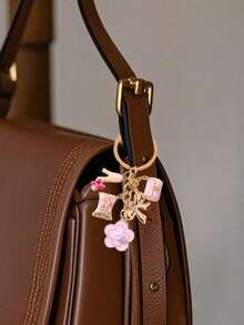 1pc Cute Round Metal Love Theme Keychain With Golden Bow, Pink High Heel, And Camellia Flower Decor, Perfect Wedding Holiday Gift Or Ideal Accessory For Women Handbag, Keychain, Unique Phone Charm - Multicolor - View 3