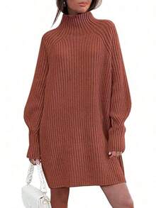 2026 Women's Casual Knit Dress Sweater Dresses For Women  Fall Fashion Mock Neck Long Lantern Sleeve Oversized Outfits Knit Tops Clothes ​ , Bodycon Long Sleeve ​ For Sports Outdoor Wear, Loose Fit Long Sleeve Comfy Daily Outfits For Women - 焦糖 - 查看 12
