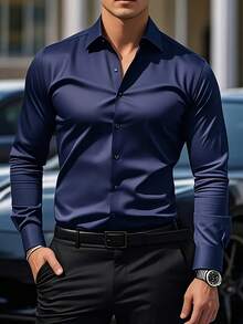 Kit Of 2 Men's Long-Sleeved Plus-Size Shirts, Solid Color, Business Casual Style, Comfortable And Breathable. - xanh navy/xanh nhạt - Xem 4
