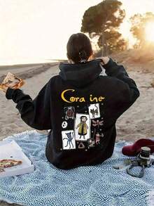 Popular Hoodies For GirlsWomen's Fashion Hooded Sweatshirt, Featuring &Lt; Coralline &Gt; Cartoon Pattern, Material, Long Sleeve Pullover Design, Suitable For All Seasons, Regular Fit, Machine Washable, Halloween, Christmas GiftsFashionable Women's Clothingroomy And Comfortable - 黑色 - 查看 3
