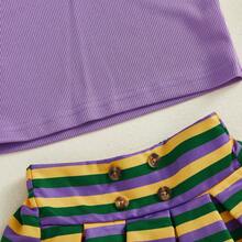 2Pcs/ Set Toddler Baby Girl Carnival Games Outfit Summer Sleeveless Lapel Collar Solid Color/Striped Vest Tops With Pleated Skirt Set - Màu tím  Violet - Xem 5