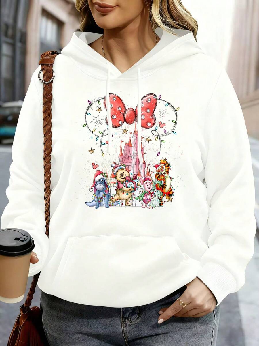 Disney Women Hoodie White Mickey Mouse Castle Christmas Characters Print Casual Streetwear Sweatshirt For Winter Holiday Outing - trắng - Xem 1