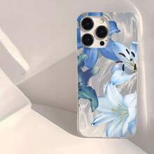 Funda de Teléfono Transparente IMD Suave con Patrón de Lirios Azules y Blancos, Impermeable, Antihuellas y Antirrayas, Compatible con  16/16 Plus/16 Pro/16 Pro Max/ 15/15 Plus/15 Pro/15 Pro Max/ 14/14 Plus/14 Pro/14 Pro Max/ 13/13 Pro/13 Pro Max/ 12/12 Pro/12 Pro Max/ 11/11 Pro Max/11 Pro - Colores mixtos - Ver 3