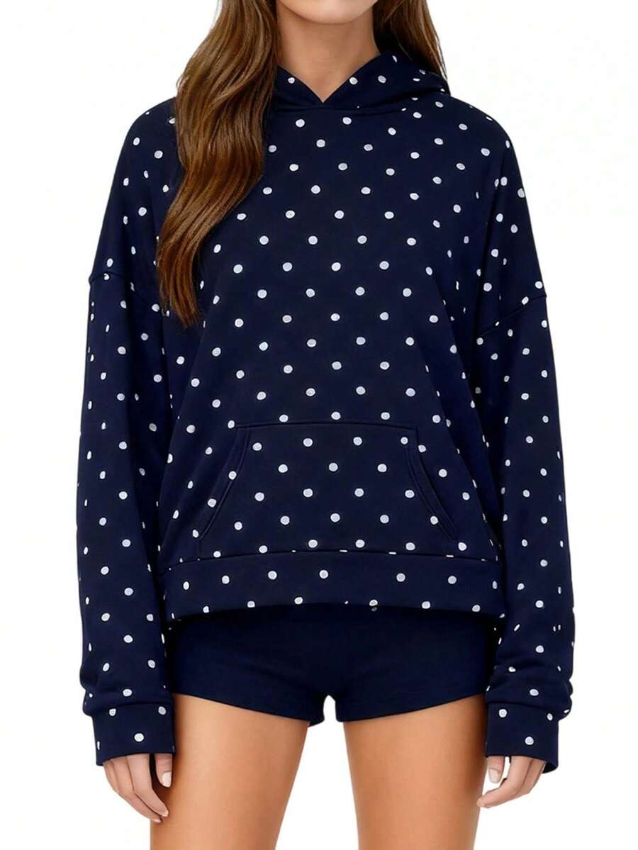 Women Polka Dot Hoodie Oversized Long Sleeve Drop Shoulder Hooded Pullover Sweatshirt Aesthetic Y2k Hoodies - 藏蓝色 - 查看 1