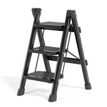 SIDIANBAN Portable 3-Step Folding Step Ladder For Adults – Lightweight Black Iron Stepladder With Anti-Slip Wide Pedals, Compact And Space-Saving Design, Perfect For Home, Kitchen, And Office Use - 黑色 - 查看 11