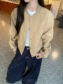 休闲棒球风灰色夹克，宽松版型，插肩袖，短款，百搭秋季外套 - 卡其色 - 查看 4