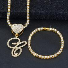 1 Set Women's Elegant Heart & Letter Pendant Necklace With Single Row Rhinestones, Matching Single Row Rhinestone Bracelet, Suitable For Daily Wear, Parties And Events, Versatile Jewelry Set - Fashionable Heart Letter Pendant Necklace - View 19