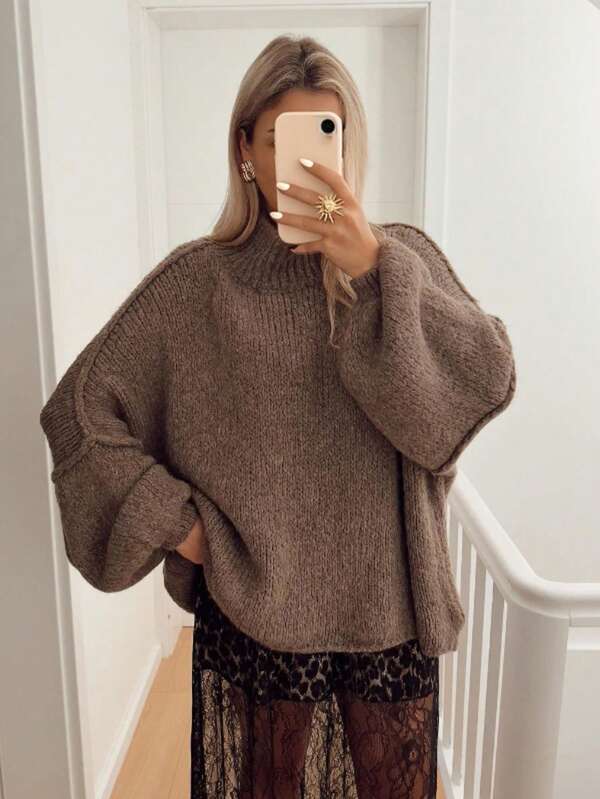 SEREN Autumn And Winter New Brown Round Neck Ultra Loose Sweater Women's Knitted Sweater Top, Suitable For Daily Wear, Maillard Style