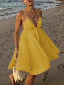 Sexy Backless A-Line Mini Dress, Butter Yellow Spaghetti Strap Dress, Suitable For Vacation, Back To School Party, Homecoming, Halloween Costumes #GalaNight