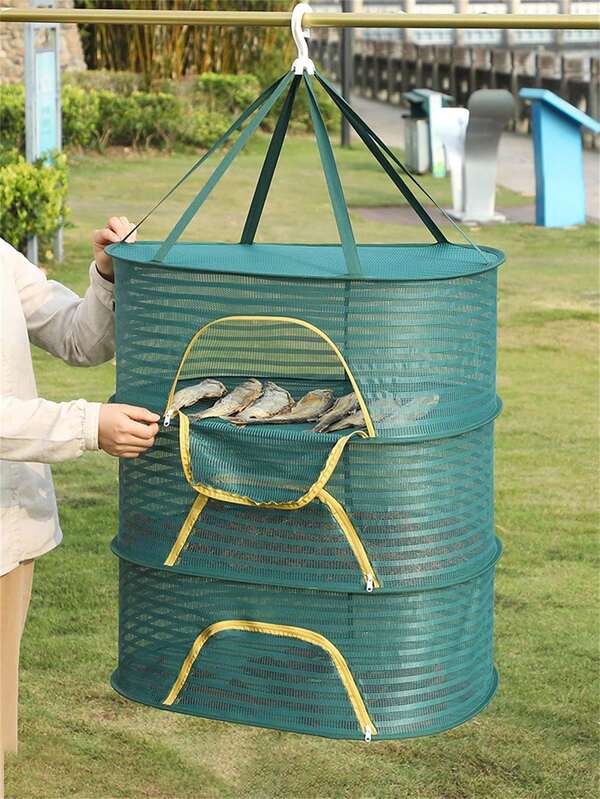 سلة تجفيف قابلة للطي عائمة من الشبكة المعلقة ، رف تجفيف شبكي متعدد الطبقات بسحّاب U المنحني ، مناسبة للاستخدام في الأماكن المغلقة وفي الهواء الطلق لتجفيف الأطعمة البحرية والأسماك والفواكه والخضروات والأعشاب ، 1/2/3 طبقات ، مع سلة نزهة لأغراض المطبخ.