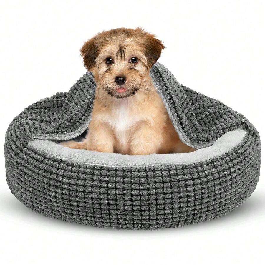 Small Dog Bed With Attached Blanket, Cozy Donut Cuddler Anti-Anxiety Hooded Pet Beds Calming Cave Bed. Orthopedic Round Puppy Beds For Dogs Or Cats Washable, Anti-Slip Bottom, 23inch - 灰色 - 查看 1