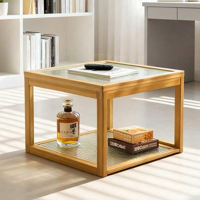 20-Inch Bamboo And Glass Coffee Table With Modern 2-Tier Storage Design - Compact Square Shape For Small Living Rooms