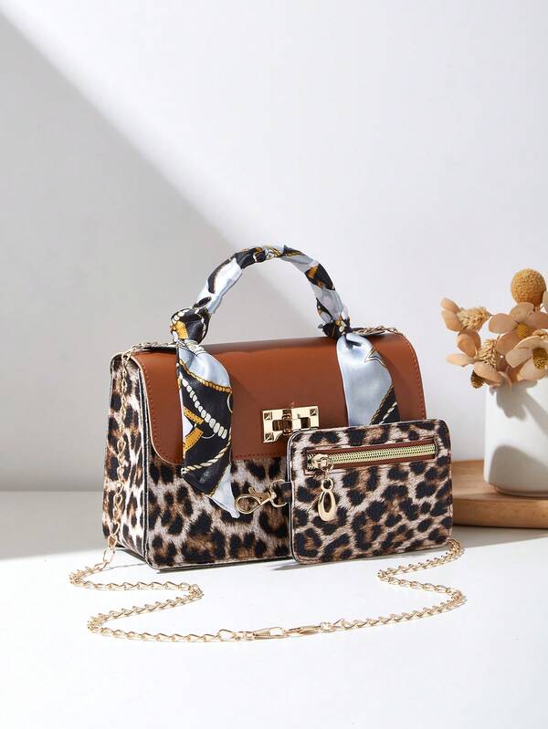 2 pezzi/Set Borsa a spalla da donna con tracolla a catena e sciarpa, Borsa a mano e Portamonete