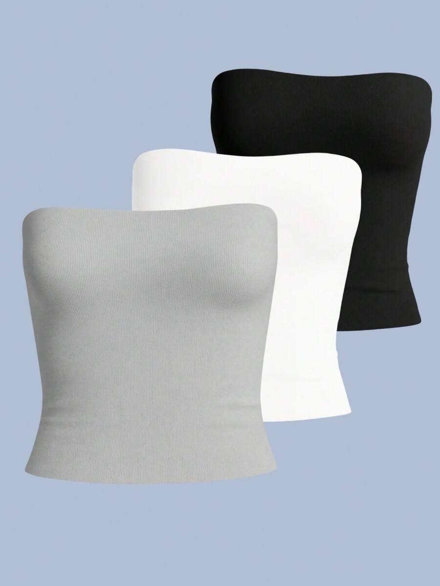 Kit Of 3 Strapless Cropped Tube Tops, Basic Lined Blouses For Women, Premium Blogger Style. - kit3 tube preta branca cinza - Xem 1