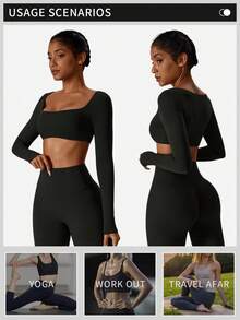 MFVIM Women's Black Long Sleeve Cropped Top And Flare Pants Set, Square Neck Fitted Style And High Waist Elastic Tummy Control Flare Yoga Pants. Suitable For Outdoor Running, Cycling, Yoga, Pilates, Gym Workout, 2-Piece Fitness Outfit For Women - Black - View 7