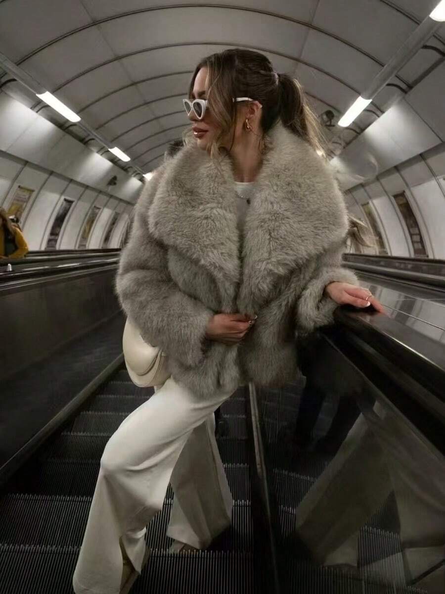 Eleganter Damen Kunstpelzmantel, Kragen mit Revers, Langarm, strukturiert