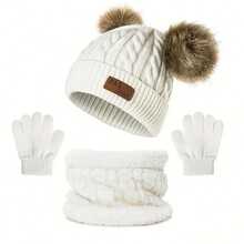 3pcs/Set Kids Warm Fuzzy Knit Beanie Hat & Scarf Set, Suitable For 3-8 Year Old Boys & Girls Daily Use