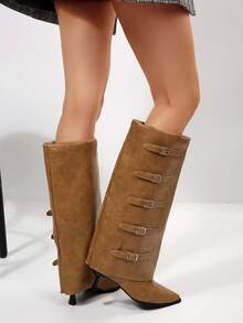 Botas altas hasta la rodilla con tacón de aguja, puntera puntiaguda y hebilla decorativa, de moda para mujer en otoño/invierno, y versátiles - Camel - Ver 6