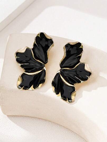 1 对时尚优雅三瓣珐琅金属花卉耳钉，多种颜色