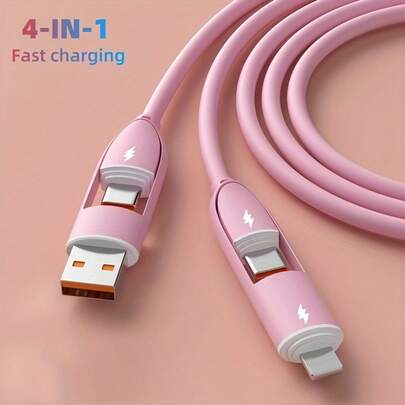 4-In-1 USB-C Multi-Function Charging Cable, Support 65W Fast Charging, Suitable For, Samsung,  And Other Smartphones| Smooth Line Material| Durable And Lightweight Beige Silicone, 39.37inch Length