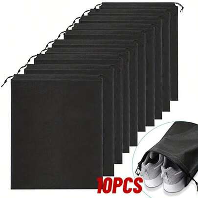 5/10个装黑色耐用PP材质鞋袋，抽绳封口 - 防潮节省空间，适用于运动鞋、皮鞋和旅行收纳