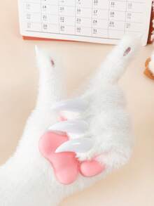 1 Pair Solid Color Faux Halloween Cat Paw Warm Plush Cartoon Faux Rabbit Fur Fingerless Gloves, Christmas Gift For Girlfriend, Cosplay Thanksgiving Christmas Winter Holiday Outfit Women+Winter Gear+Gloves Bear+Christmas - Multicolor - View 6