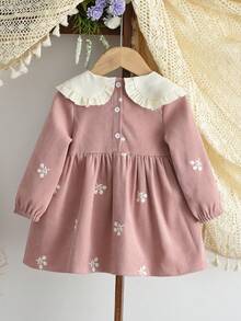 女婴秋季花朵刺绣长袖连衣裙时尚翻领幼儿服装（6个月至3岁） - 粉色 - 查看 2