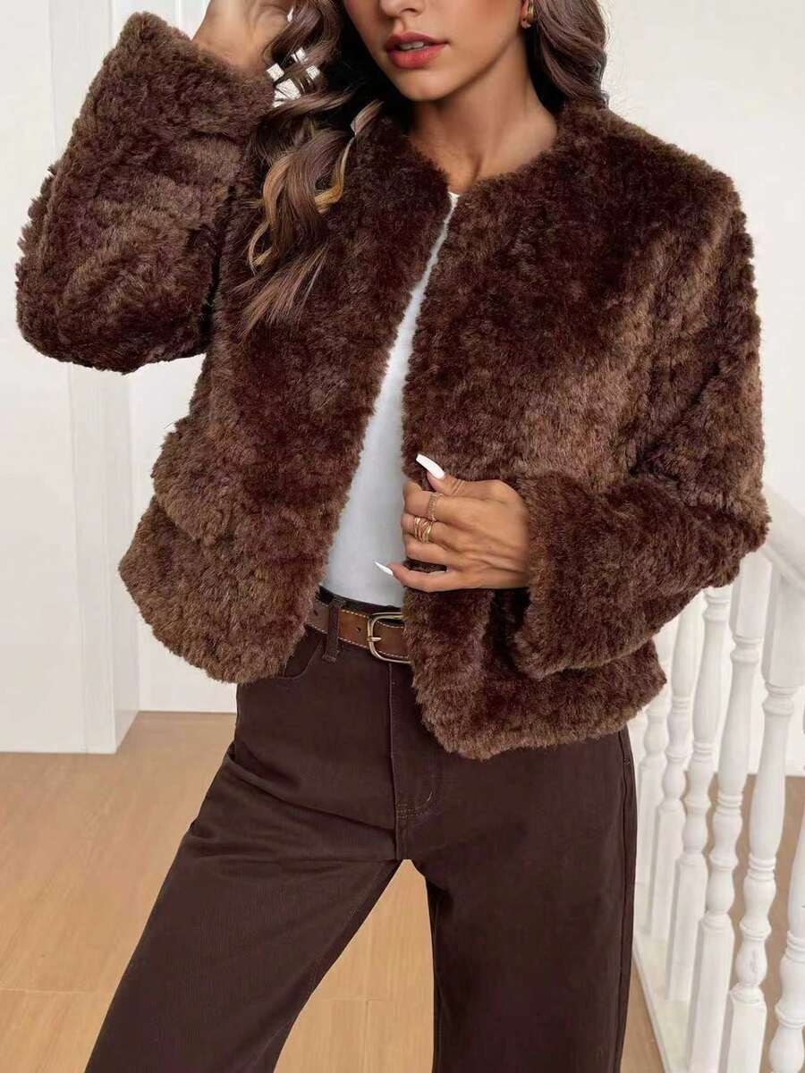 Dila Polly 女士纯色长袖开襟时尚百搭人造毛皮外套，可可棕色短款人造毛皮外套 - 棕色 - 查看 1