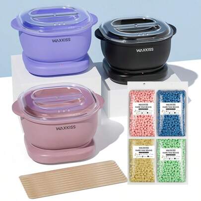 四合一硬蜡脱毛套装，带硅胶加热器 - 包括 4 颗蜡豆、10 个涂抹器和便携式主机，可折叠，方便旅行、沙龙和家庭脱毛