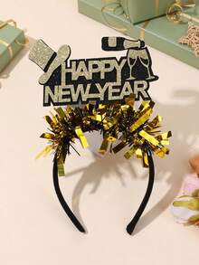 1pc Happy New Year Headband For Girls Sparkling Glitter New Year Hairband Bling Bling Balloon Fireworks Black Gold Foil New Year Headpiece New Year Party And Christmas Celebration Hair Hoop Elegant Unique Headwear For Christmas New Year Gifts Teens Hair Accessories