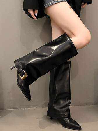 Höst/vinter Nya Mode Mångsidiga Spetsiga Ridstövlar, Hög Skaft Metallspänne Dekor, Smal Hög Klack, Stövlar Raka Skaft, Högklackade Stövlar, Moderiktiga Stövlar, Over-The-Knee Stövlar, Slanka Höga Stövlar, Ovanför Knäet, Höga Stövlar Lämpliga För Musikfestivaler, Halloween