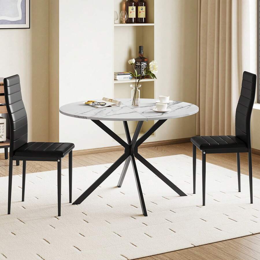Dining Table And Chairs Set Of 2/4, Folding Round Dining Table With 2 PU Leather Chairs For Dining Room,Kitchen,Living Room - 白圓桌+2黑色橫線椅 - 查看 1