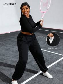 Pantalones jogger de talla grande para mujer con cintura con cordón, negro, cintura elástica, bolsillos laterales, bajo con puño, adecuado para fitness, yoga, uso diario - Negro - Ver 2