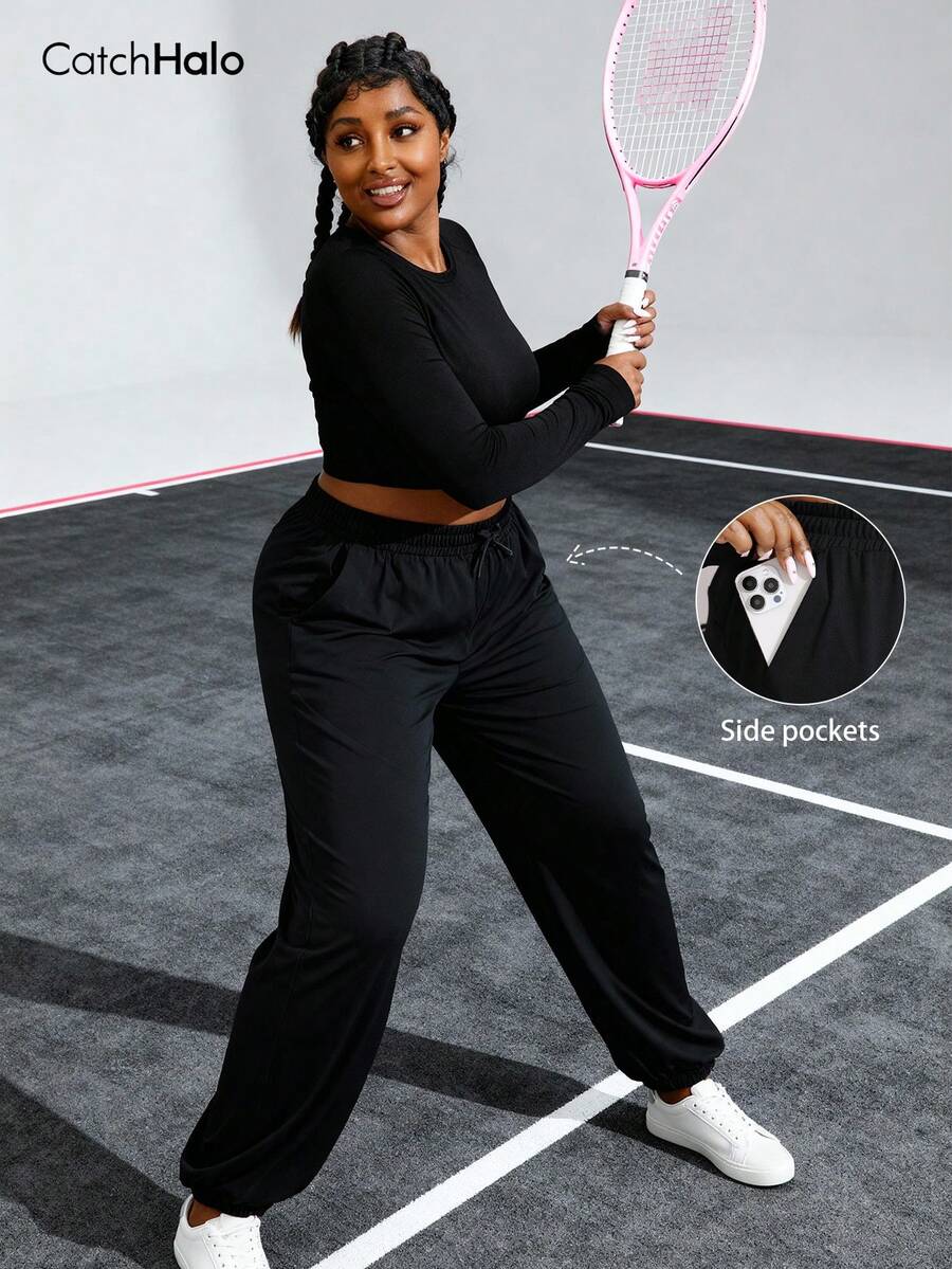 Pantalones jogger de talla grande para mujer con cintura con cordón, negro, cintura elástica, bolsillos laterales, bajo con puño, adecuado para fitness, yoga, uso diario